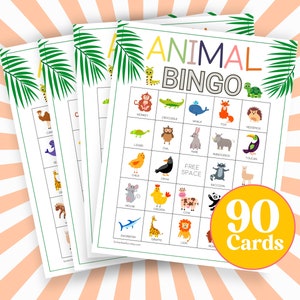 Dierenbingospelkaarten, 90 dierenbingoborden, afdrukbare dierenbingo, afdrukbare bingospellen, klaslokaalspel dierentuindieren, afbeeldingsbingo B16