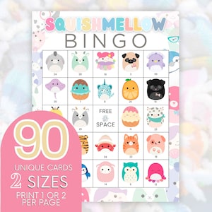 90 Squishmellow Bingo Druckbare Karten, Geburtstag Bingo Squish Spielzeug Thema, Pink Mellow Bild Bingo, Stofftier Spiel, Sleepover Party Bingo B41