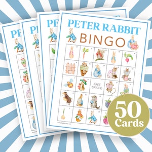 50 Blue Bunny Baby Shower Bingo Spielkarten, Peter Rabbit Thema Baby Shower lustige Aktivität, niedliches Tier Große Party druckbares Spiel B65