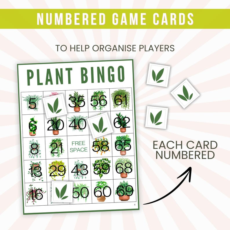 Op de afbeelding: Een groene en witte bingokaart met de titel "Plant Bingo". De kaart heeft een 5x5 raster met de nummers 5, 6, 8, 13, 16, 20, 21, 29, 35, 40, 43, 50, 56, 58, 60, 61, 62, 65, 68 en 69. Het middelste vakje zegt "Gratis ruimte".