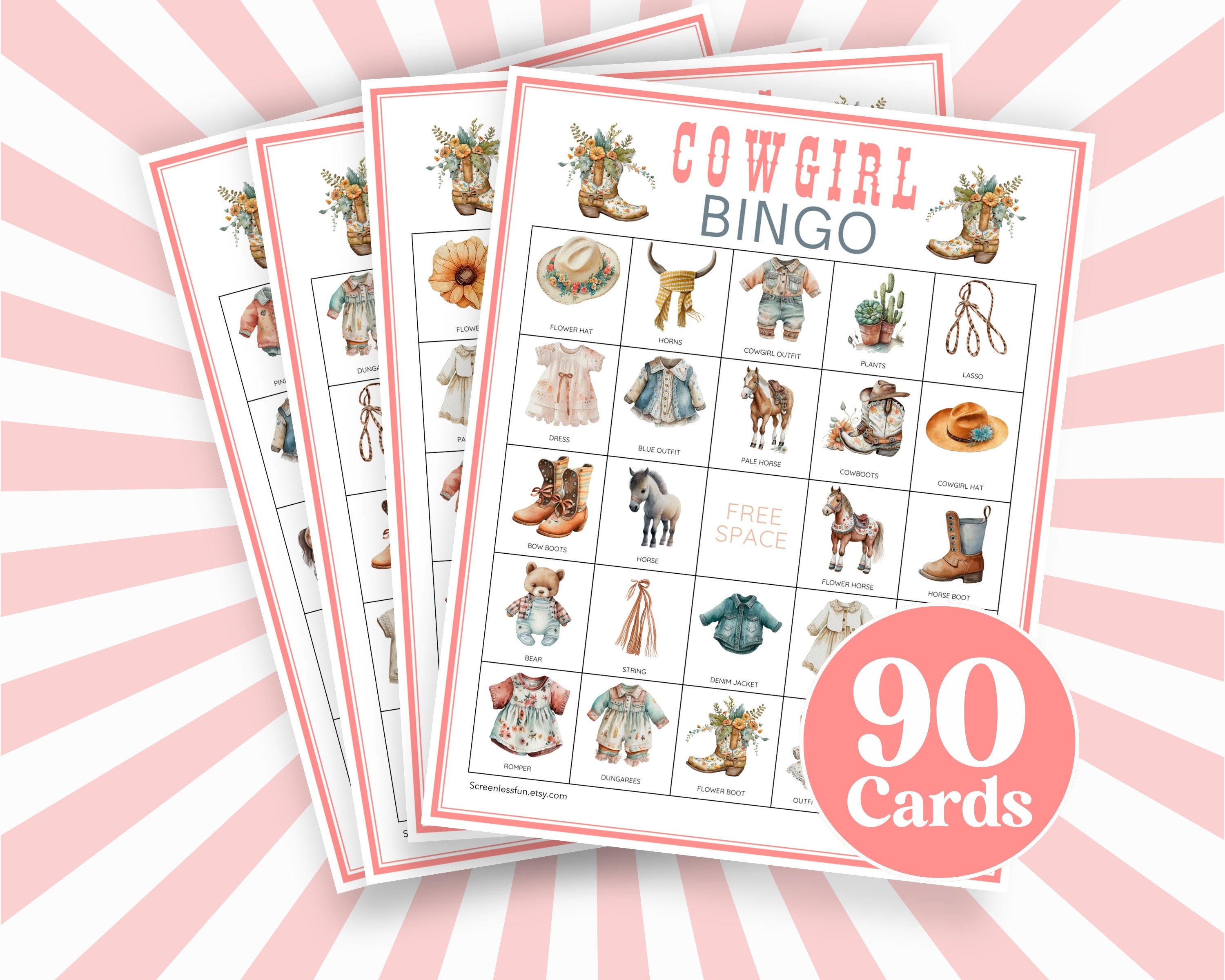 Pink Cowgirl Party Bingo Game, Printable Baby Shower Game, Cowgirl ...