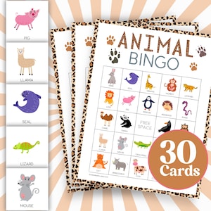 30 Kids Animal Bingo Printable Game Cards, 5x7 and 8.5x11 printable pdf game, Kids Party Guest Game with Animals and Words prefilled B69
