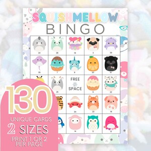 130 Squishmellow druckbare Bingo Karte, Geburtstag Bingo Squish Spielzeug Thema, rosa Mellow Bilder, Stofftier Spiel, Sleepover Party, Tween Spiel B41