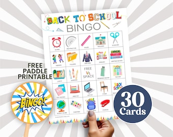 Back To School Bingo Game: Classroom Activity, 30 Cards (Printable)