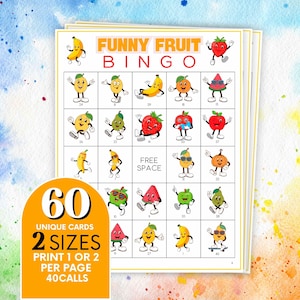 60 bingokaarten dansen fruit, fruitspel voor kinderen en gezinnen, leuke educatieve activiteit, kleurrijke bingokaartmarkeringen, verjaardagspret B110