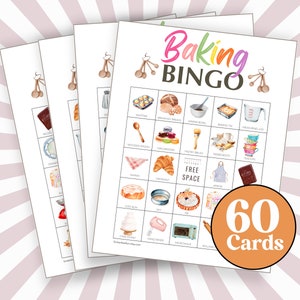 60 Printable Baking Bingo Boards, Baking Bingo Game Cards, Instant Download Baking Themed Party Game, Girls Cupcake Birthday B15