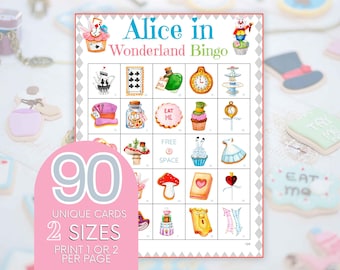 Alice in Wonderland Bingo: 90 Printable Tea Party Cards (Digital Download)