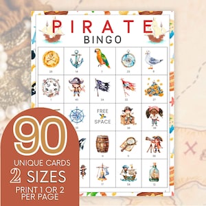 90 tarjetas de bingo piratas imprimibles, tableros de bingo únicos con temática de Ahoy, tarjeta para fiesta temática pirata, recurso para maestros de piratas para el aula escolar B68