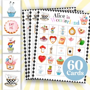 Alice in Wonderland Bingo Afdrukbare kaarten, Wonderland Storybook Party Game, Kids Classroom Easy Game, gevulde afbeelding Tea Party Bingo B68