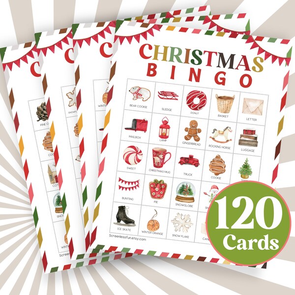 120 Christmas BINGO Cards festive activity game, Bingo Kids Holiday Entertainment game, digital bingo download, holiday cheer game B05