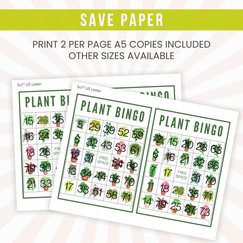 Op de afbeelding: Drie printbare plantenbingo-kaarten met een groen-wit ontwerp. Elke kaart heeft een 5x5-raster met nummers en afbeeldingen van potplanten. De tekst "PLANT BINGO" staat bovenaan elke kaart. De tekst "PRINT 2 PER PAGE A5 COPIES INCLUDED OTHER SIZES AVAILABLE" staat bovenaan de pagina.
