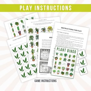 Op de afbeelding: Een printbaar plantenbingo-spel met spelinstructies. Het spel bevat een masterblad, oproepkaarten en dektokens. De bingokaart heeft een raster met nummers en afbeeldingen van planten.