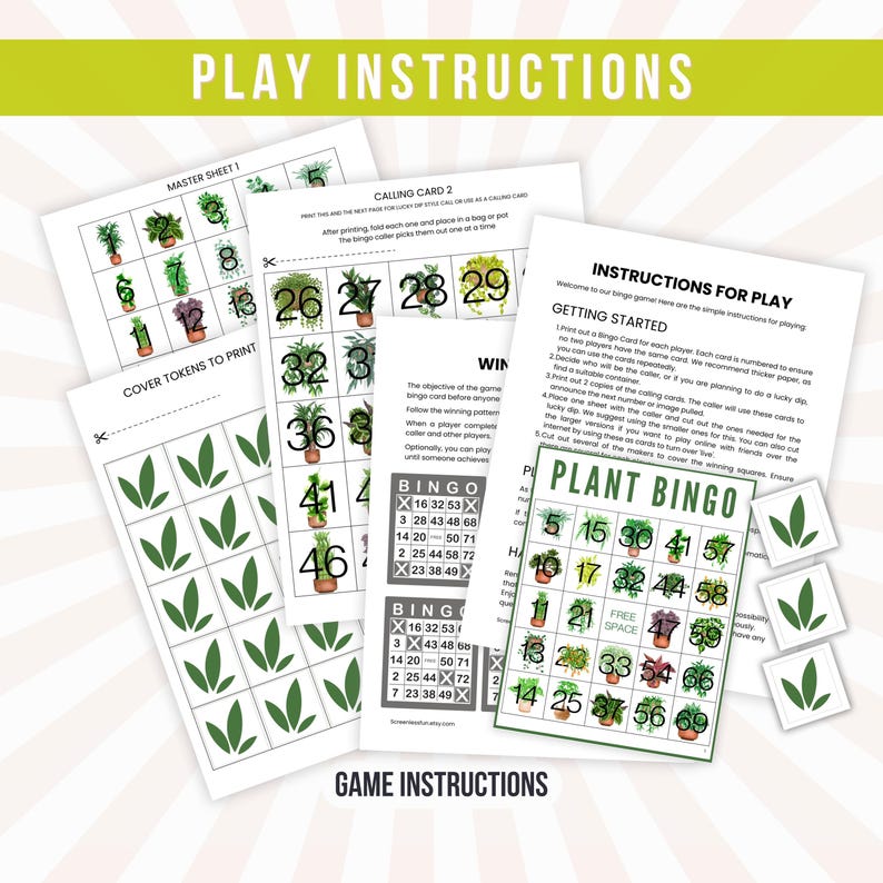 Op de afbeelding: Een printbaar plantenbingo-spel met spelinstructies. Het spel bevat een masterblad, oproepkaarten en dektokens. De bingokaart heeft een raster met nummers en afbeeldingen van planten.