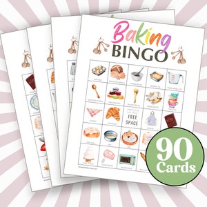 May include: A set of 90 printable baking bingo cards featuring watercolour illustrations of baking supplies and ingredients. The cards include a free space and a range of items such as a mixing bowl, measuring jug, rolling pin, and a recipe book.