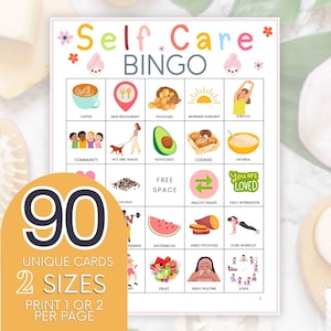 90 tarjetas de bingo de cuidado personal, tableros de bingo de bienestar para la salud mental, bingo precargado de amor propio, juego positivo imprimible, juego de familia numerosa B22