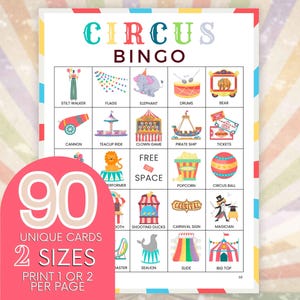 90 planches imprimables de bingo du cirque, jeu de cartes de bingo sur le thème du cirque, thème de la fête d'anniversaire du carnaval, amusement pour la salle de classe des enfants sur le thème du carnaval b95