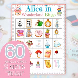 Jeu de bingo-test d'Alice, 60 grands bingo-tests sur le thème du chapelier fou, jeu de bingo-test imprimable d'Alice au pays des merveilles, activité pour enfants Tea Party Party B21