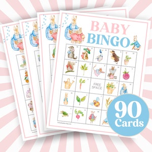 90 Book Theme Bingo Game Cards, Peter Rabbit Baby Shower Games, baby Shower Bingo, Blue Peter Rabbit Games, Peter Rabbit New Baby Shower B66