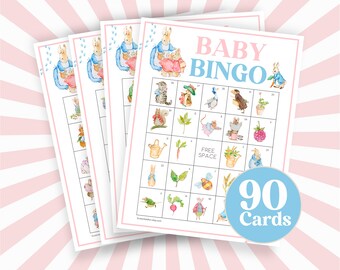 90 Book Theme Bingo Game Cards, Peter Rabbit Baby Shower Games, baby Shower Bingo, Blue Peter Rabbit Games, Peter Rabbit New Baby Shower B66