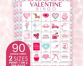 Valentine Bingo Game: 90 Cards, Kids Classroom Party (PDF)