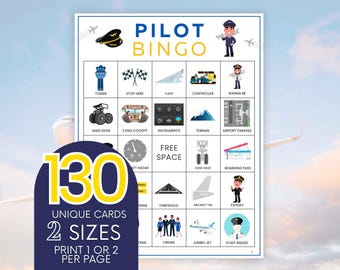 Pilot Bingo Game: 130 Printable Cards, Kids Birthday Party (PDF)