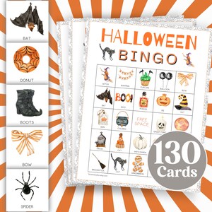 May include: A set of 130 Halloween Bingo cards with images of a witch, bat, pumpkin, ghost, cauldron, and other Halloween-themed items. The cards are printed on white paper with black text and images.