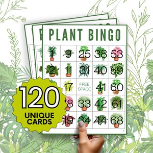 Op de afbeelding: Een set van 120 unieke planten bingo-kaarten. Elke kaart heeft een 5x5 raster met nummers en afbeeldingen van verschillende kamerplanten. De kaart heeft bovenaan de tekst "PLANT BINGO".