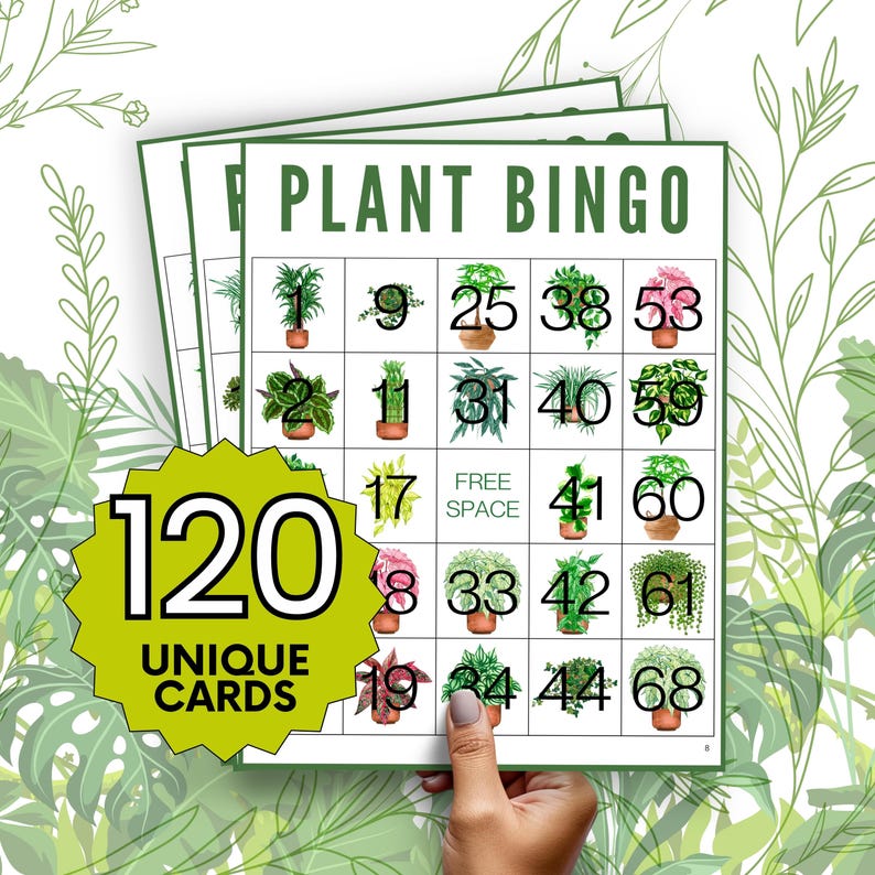Op de afbeelding: Een set van 120 unieke planten bingo-kaarten. Elke kaart heeft een 5x5 raster met nummers en afbeeldingen van verschillende kamerplanten. De kaart heeft bovenaan de tekst "PLANT BINGO".