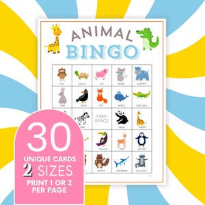 30 Animal Bingo, Zoo Animal Bingo Cards, Kids Party Printable Game, Classroom Activity bingo, Animal name Bingo B68