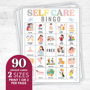 Juego de bingo de autocuidado imprimible, 90 tarjetas, actividad relajante y divertida para la salud mental, descarga instantánea para días de autocuidado, eventos de bienestar B51