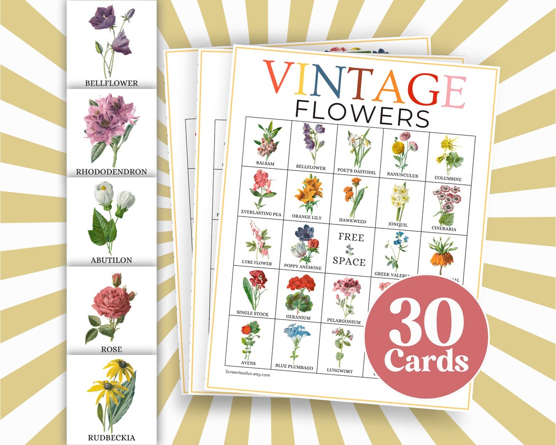 30 Vintage Flower Printable Bingo Cards, Garden Floral Flower Images ...