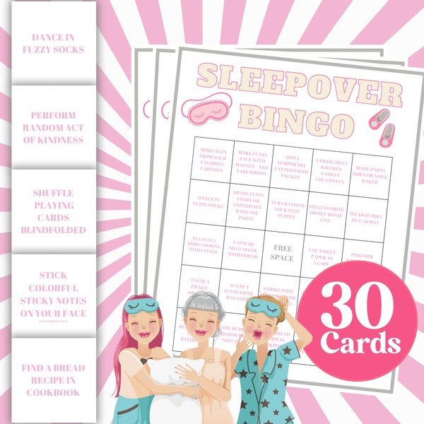 30 Sleepover Bingo Game, Spa Party Girls Funny Games, Teen Beauty Party Slumber Printable Game, Girls Pampa Pajala Party Activity Game B70