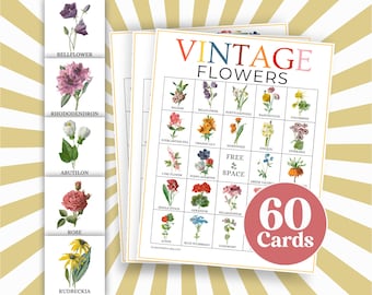Floral Bingo Game: 60 Printable Vintage Flower Cards (Digital Download)