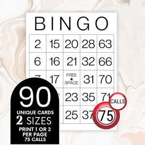 Könnte beinhalten: Eine schwarz-weiße Bingokarte mit dem Wort "BINGO" oben. Die Karte hat Zahlen in einem Rasterformat. Zusätzlicher Text enthält "90 EINZIGARTIGE KARTEN", "2 GRÖSSEN" und "75 ANRUFE".
