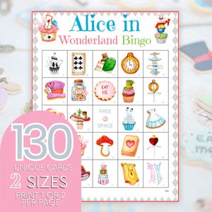 Alice bingokaarten, afdrukbare Alice in Wonderland bingospel, Tea Party Kids activiteit, groot feest boek themaspel, thuis afdrukken B21