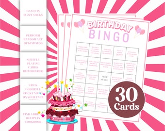 Pink Birthday Bingo Cards: 30 Printable Party Games (Digital Download)