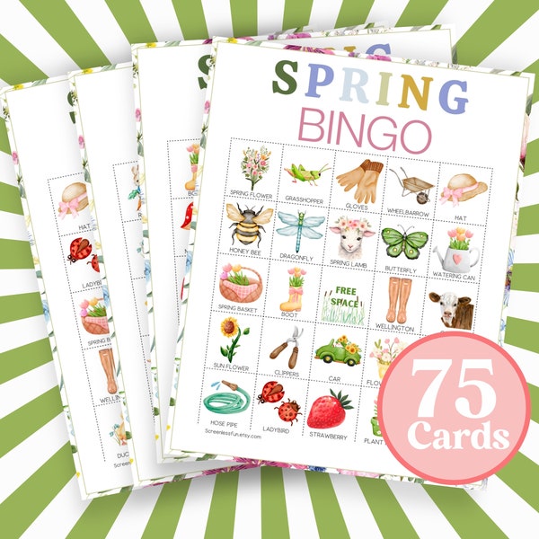 75 cartes de bingo, jeu imprimable de printemps, activité de bingo pour enfants en classe, planches de bingo de printemps, bingo à thème en plein air, divertissement familial b19