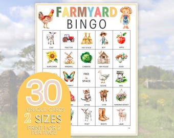 Farm Animal Bingo Game: 30 Printable Cards (Baby Shower, Birthday)