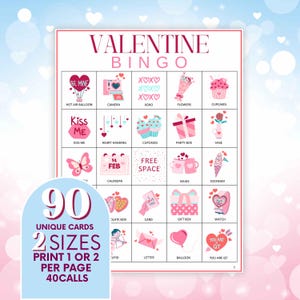 Tarjetas de bingo de San Valentín, juego de fiesta de febrero, divertida celebración de San Valentín, actividad para toda la familia, 90 juegos con temática de corazones b62