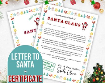 Puede incluir: Una carta imprimible para Santa Claus con un certificado y un sobre. La carta está decorada con una ilustración de Santa Claus en rojo y blanco y un borde de iconos navideños coloridos. El texto dice "From the Official Desk of Santa Claus" y "Have a Merry Christmas Santa Claus".
