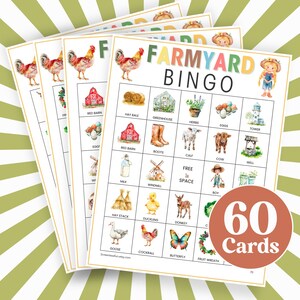 60 Farmyard Kids Printable Bingo Cards, Farm Animal Bingo Game, Kids ...