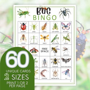 May include: A printable bug bingo card with 60 unique cards in two sizes. The card features illustrations of various insects, including a ladybug, aphid, termite, leaf hopper, butterfly, cicada, walking stick, firefly, adult mantis, cricket, moth, bee, mosquito, mantis, silverfish, bumblebee, death head moth, centipede, brown beetle, and fly. The card also includes a free space.