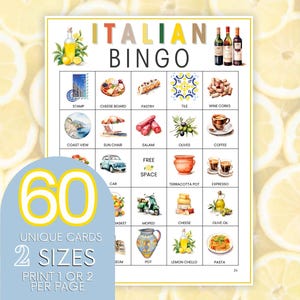 Cartas de bingo mediterrâneas de limão, jogo de bingo de viagem italiano, placas de bingo de ícones da Itália, caça ao tesouro de férias na Europa, bingo de aniversário B14