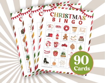 May include: A set of 90 Christmas Bingo cards with a green and red striped border. The cards feature watercolor illustrations of various Christmas-themed items, such as a mailbox, a gingerbread man, a rocking horse, a Christmas mug, a truck, a cookie, a snowman, a snow globe, a snowflake, and a winter orange.