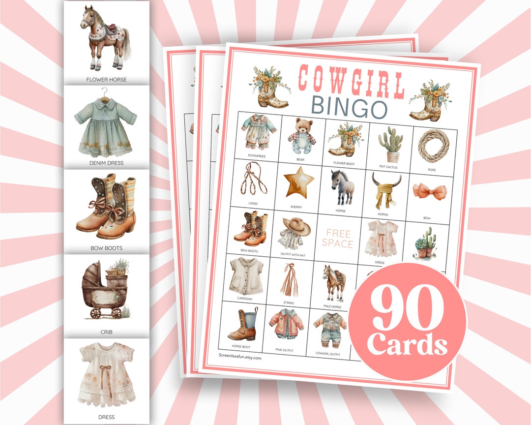 Pink Cowgirl Party Bingo Game, Printable Baby Shower Game, Cowgirl ...
