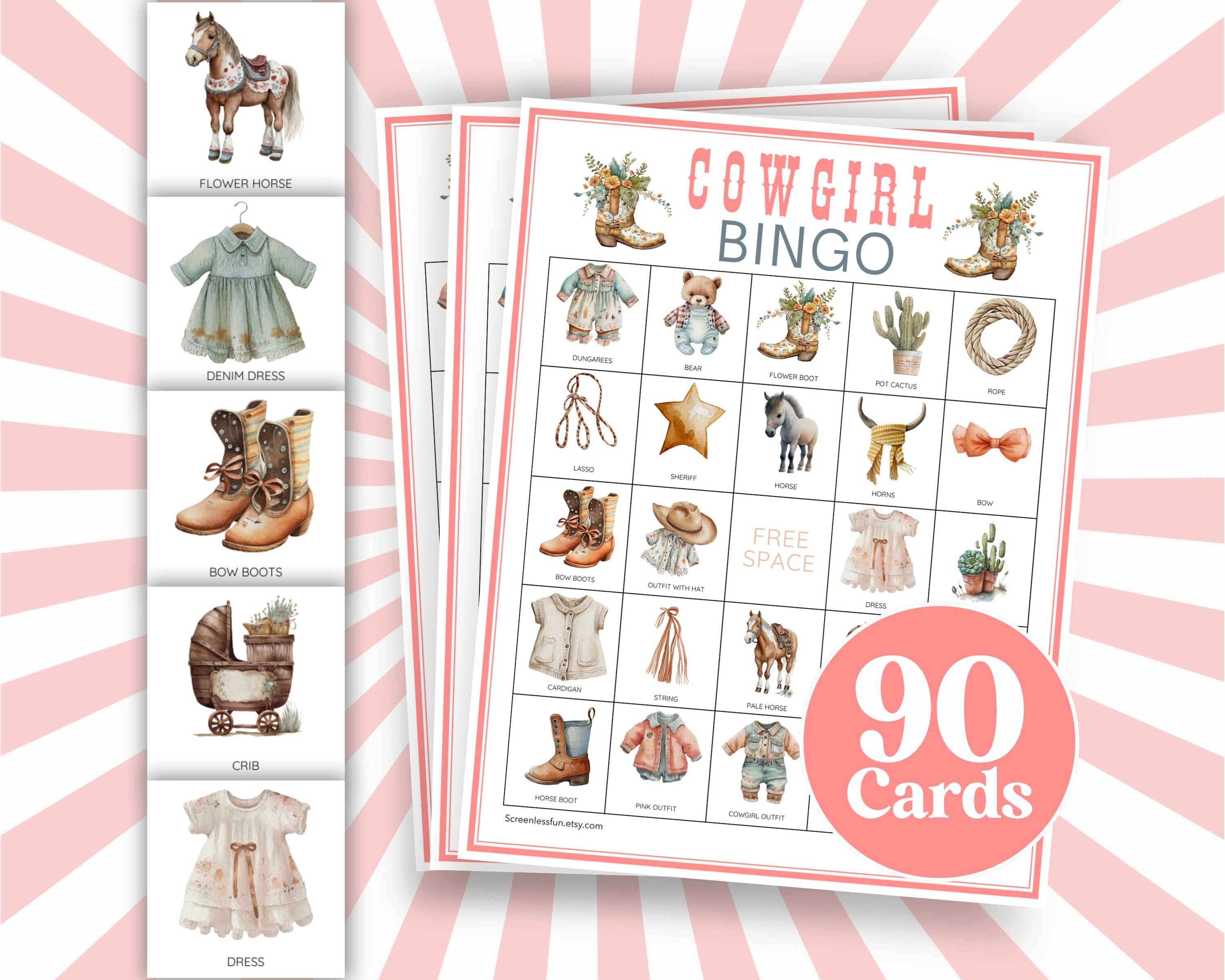 Pink Cowgirl Party Bingo Game, Printable Baby Shower Game, Cowgirl ...