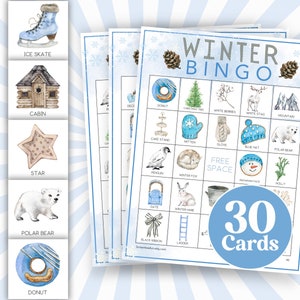 Jeu-questionnaire de bingo-test d'hiver, activité de fête d'hiver à imprimer, baby shower bleu saisonnier, bingo amusant avec photos de vacances, cartes de bingo enneigées B06