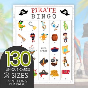 Cartões de Bingo Pirata para Imprimir, Jogo de Festa Temático Pirata, Jogo de Aventura de Aniversário para Meninos 130 Cartões de Bingo Individuais com Imagens B99