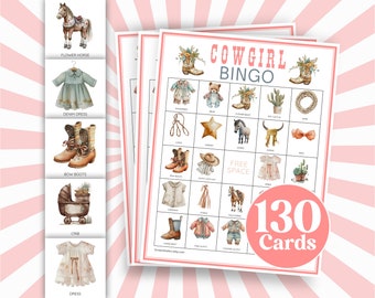Può includere: Gioco di bingo Cowgirl con 130 carte. La carta di bingo presenta immagini di un cavallo di fiori, un vestito di jeans, stivali con fiocco, una culla, un vestito, un lazo, un cappello da cowboy, uno stivale di fiori, un cactus in vaso, una ghirlanda, un orso, una stella, un cavallo, un fiocco, un abito da cowboy, un abito rosa, un cavallo pallido e un cactus.
