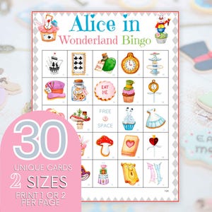 30 tarjetas de bingo de Alicia en el país de las maravillas, tarjetas de bingo de Alicia, actividad imprimible para niños con temática de fiesta de té, juego de fiesta, para imprimir en casa B21